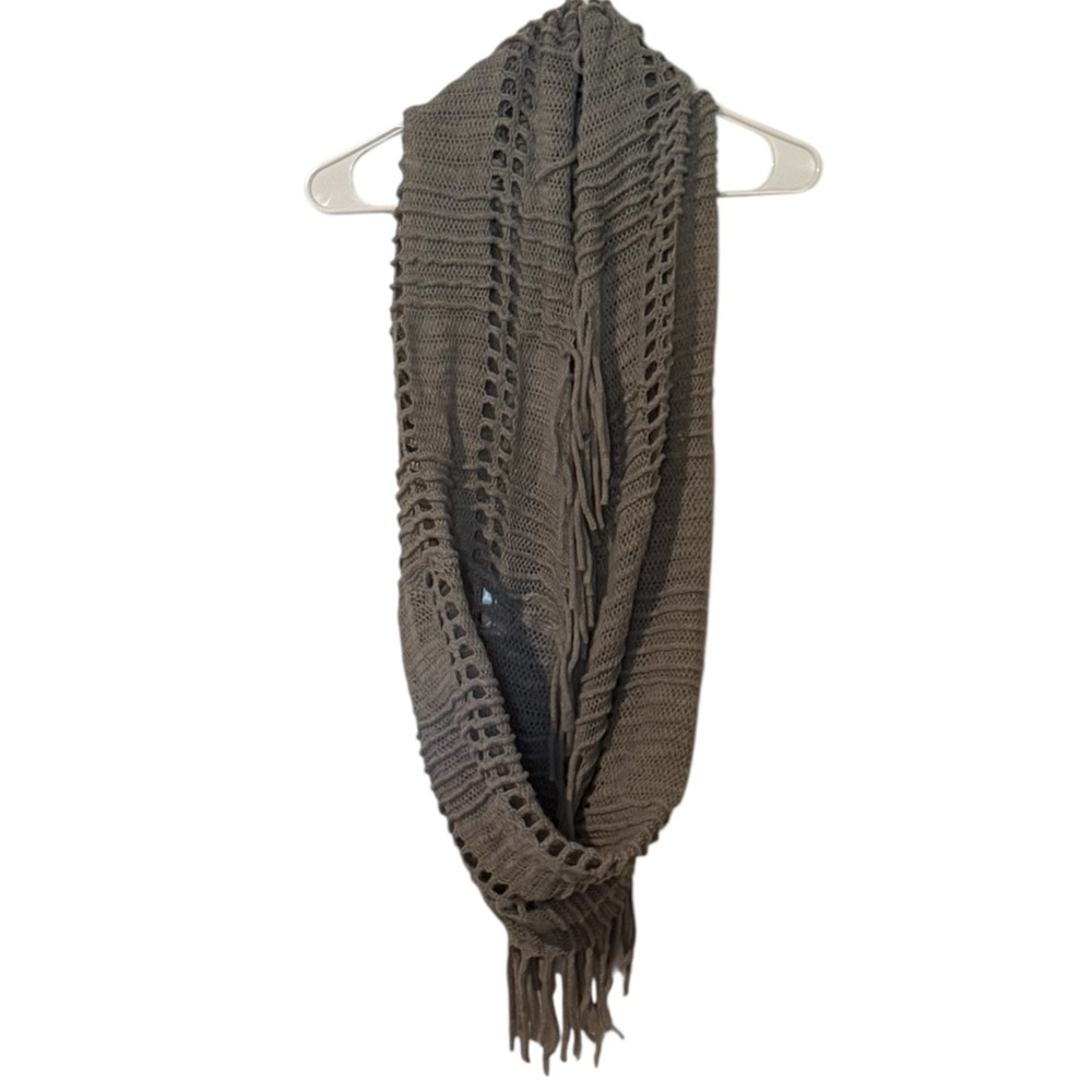 Grey Knit Infinity Scarf with Tassles